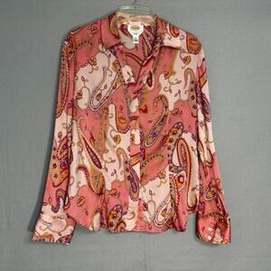 Talbots Womens Y2K Silk Top Size 12 Pink Paisley Floral Classic Vintage Timeless